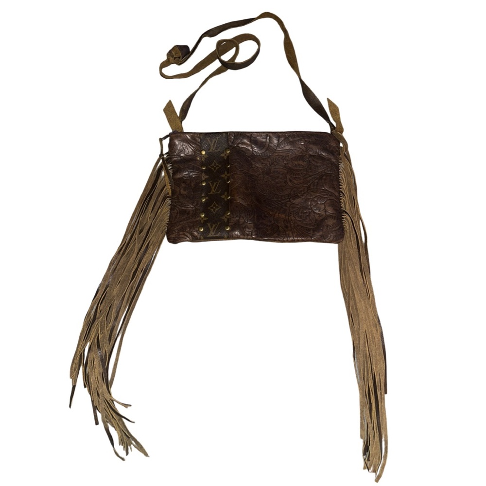Recycled up LV Brown Leather Fringe Crossbody Bag